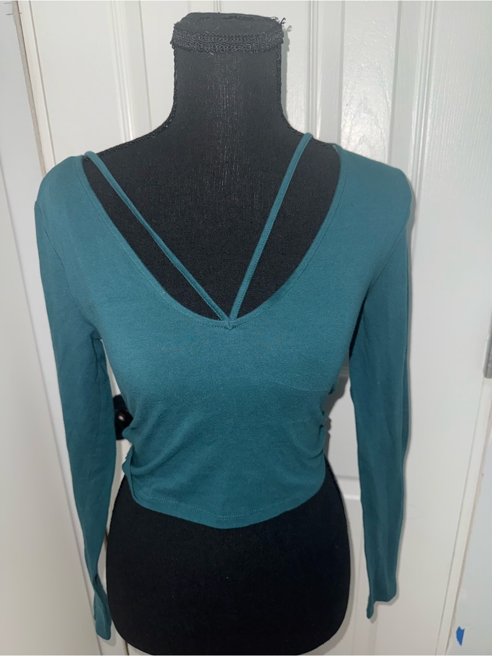 Charlotte Russe Teal V-Neck Long Sleeve Top with Double Straps